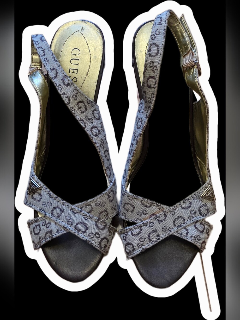 GUESS Beige Logo Cross-Strap Slingback Heels